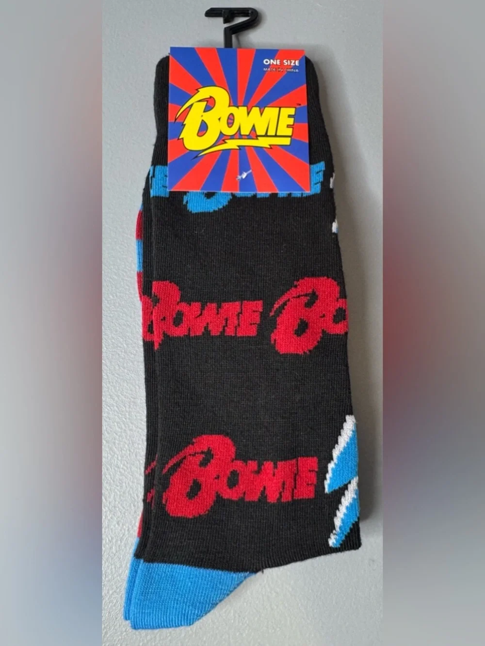 Bowie Black Crew Socks with Red Logo and Blue Accents lighting logo unisex